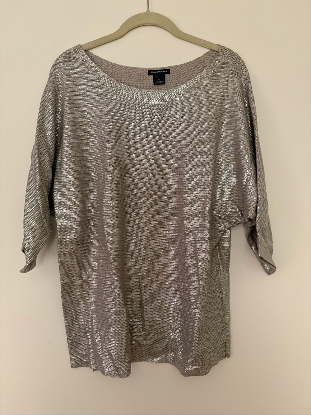 Club Monaco Metallic Silver Knit Dolman Sleeve Top
